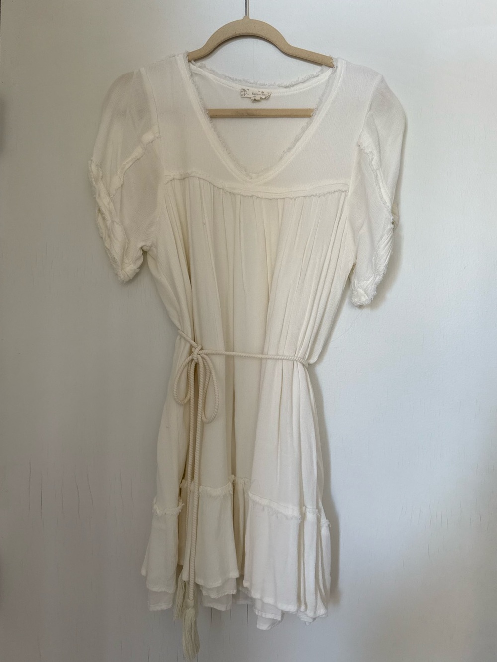 Cream Short-Sleeve V-Neck Flowy Boutique Mini Dress with Tie Waist
